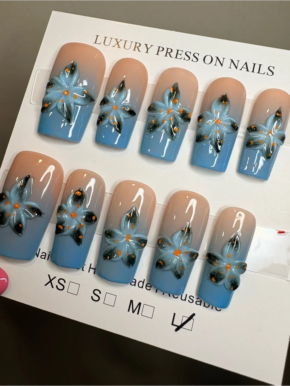 Blue Ombre Press-On Nails with 3D Floral Accents